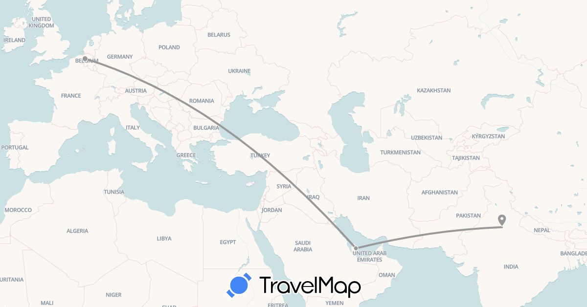 TravelMap itinerary: plane in Belgium, India, Qatar (Asia, Europe)